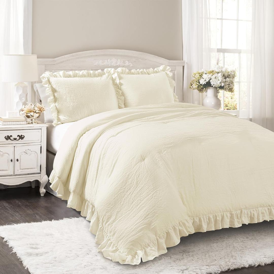 Lush Decor Reyna Ruffle Comforter Set - 3 Piece Cozy Ruffled Bedding Set - Timeless Elegance and Comfort for Dorm Room - Full/ Queen, Ivory