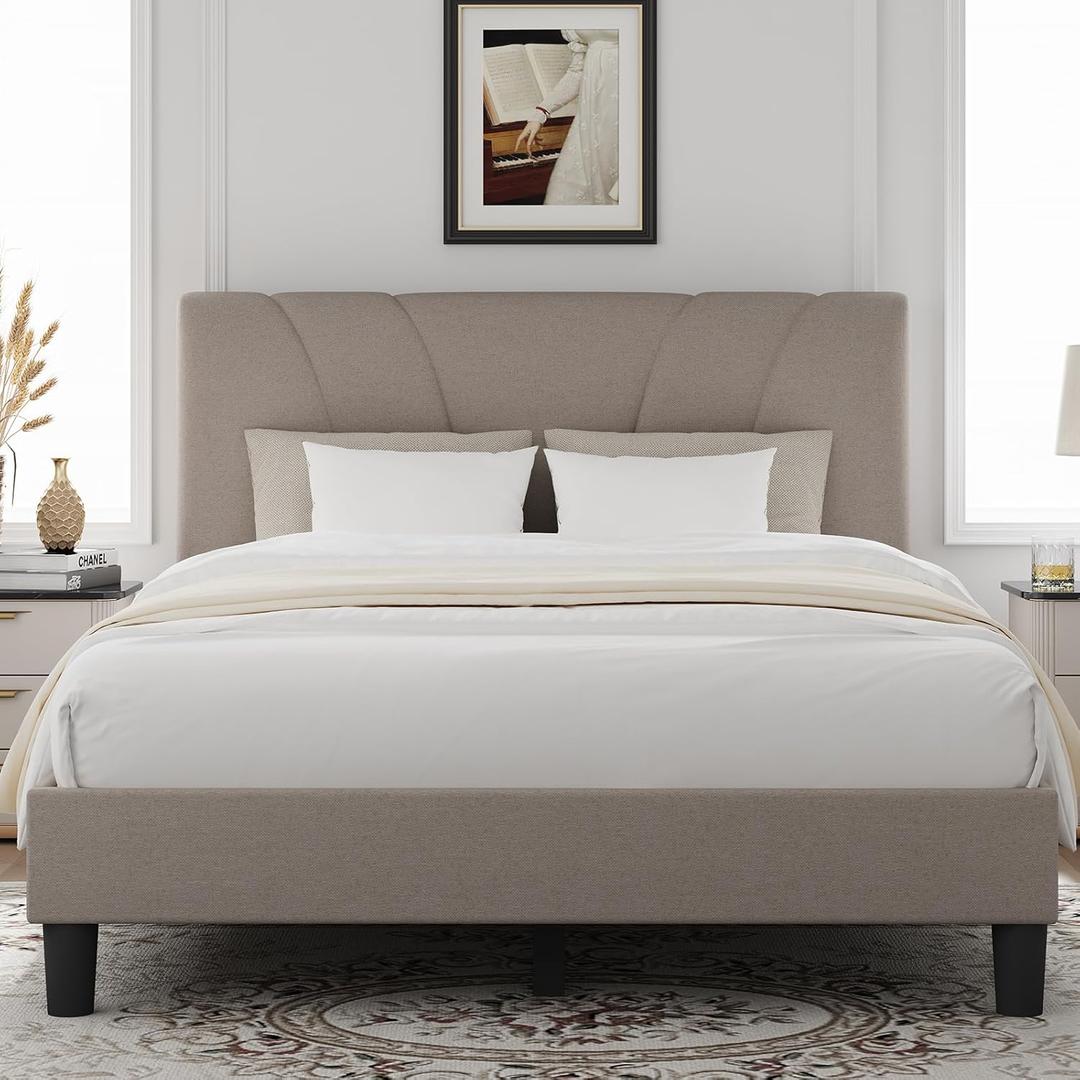 Novilla King Size Bed Frame with Adjustable Headboard Platform King Bed Frame Linen Fabric Upholstered Headboard, No Box Spring Needed, Noise-Free, Wooden Slats Support, Easy Assembly, Beige