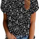Dokotoo Women's Casual Round Neck Basic Pleated Tops Short Sleeve Loose Fit Curved Keyhole Back Chiffon Blouses Tshirts (Large, Black Print)