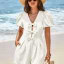 Cicy Bell Womens Cute Rompers Bow Front Puff Sleeve V Neck Short Jumpsuits Sexy Summer Outfits with Pockets (White, XXL)