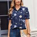Zeagoo Women Button Down Shirts Puff Short Sleeve Blouses Chiffon Tops Business Casual Outfits Summer Clothes (Blue, M)