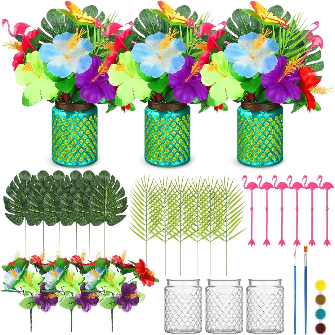 Geelin 38 Pcs Tropical Mason Jars Centerpieces Hawaiian Artificial Hibiscus Flowers Palm Leaves and Flamingoes Table Decorations for Summer Wedding Birthday Decor Vases Home Hostess Gift