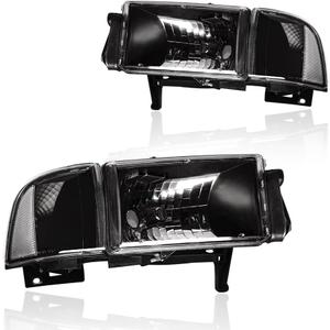 Headlight Assembly, Headlights Kit Compatible with 1994-2001 Dodge Ram 1500/1994-2002 Ram 2500 3500(DON'T Fit SPORT Models or Ram VAN Models) Replacement Headlamp Black Housing Clear Reflector