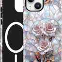 Jusy Magnetic Stained Glass Floral Case for iPhone 17, Pink Rose | Compatible with MagSafe, Cute Aesthetic Flower Design, TPU and PC Protective Phone Cover