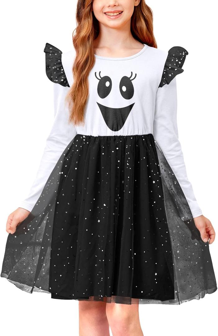 Girls Halloween Tulle Tutu Dress Long Sleeve Holiday Star Sparkle Skirt 4-12 Years