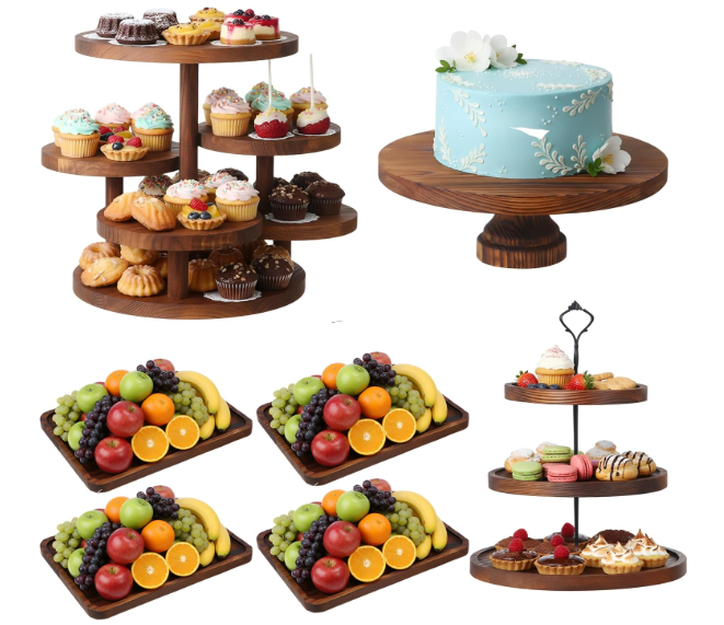 RattanView Wooden Dessert Table Display Set of 4 Wood Dessert Tower Rustic Rectangular Cake Stand 3 Tier Brown Serving Tray Farmhouse Cupcake Platter for Wedding Reception, Tea Party, Baby Shower
