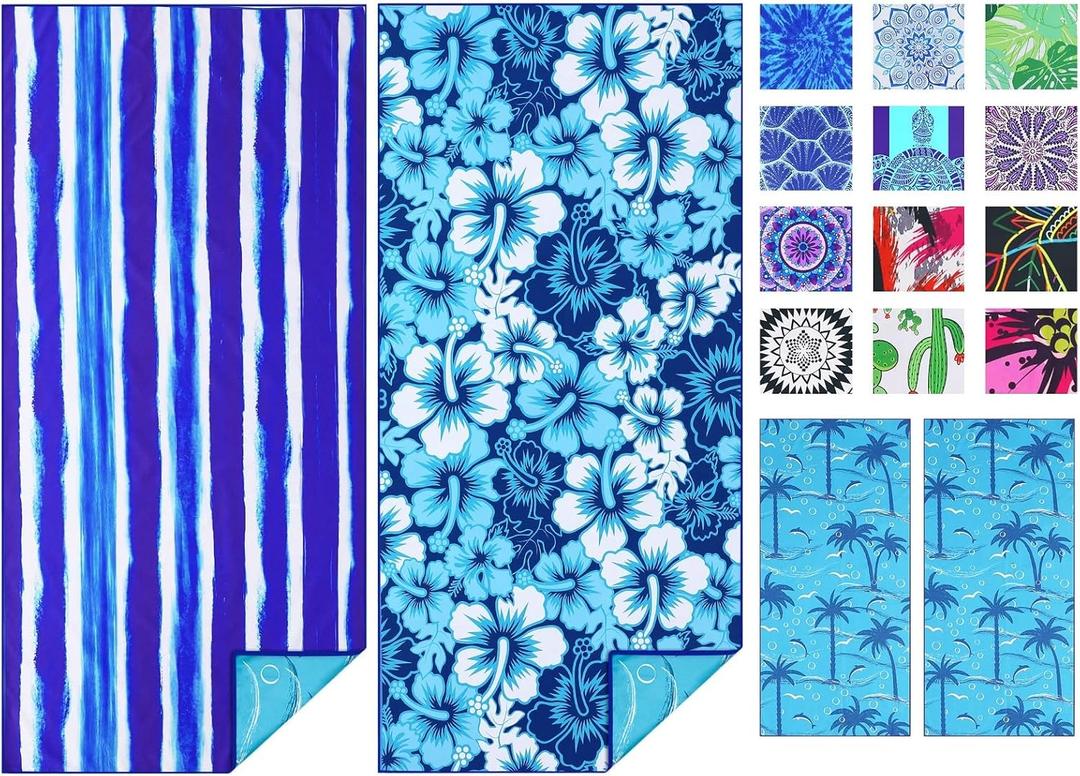 2 Pack Microfiber Thin Beach Towel Lightweight 71x32 Oversized Extra Large Sand Free Towels Quick Dry for Travel Pool Yoga Gym Sports Beach Accessories Vacation Essential Gift (2 Pcs Strippes Porcelain)