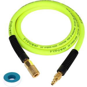 Air Compressor Whip Hose 3/8 Inch x 6 Feet Lead in Hybrid Hose with Fittings, Flexible and Kink Resistant, 1/4" Industrial Quick Coupler and Plug Kit - Green