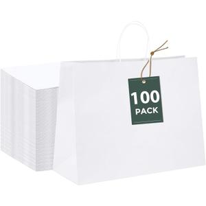 GSSUSA 16x6x12 100Pcs White Gift Bags with Handles,Paper Gift Bags?White Large Paper Bag with Handles, 100% Recyclable Shopping Kraft Paper Bags for Small Business, Party Favor