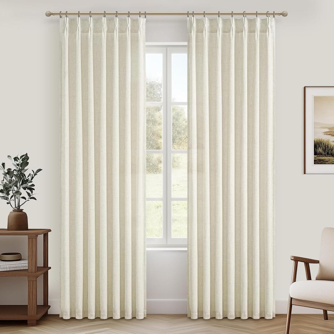 PleatedDrapes 86 Inch Cream Beige Thick Natural Linen Curtains for Bedroom 2 Panels Set, Memory Shape Pleated Light Filtering Privacy Semi Sheer Drapes 84-86 Inches Length Elegant Windows Curtain Burg