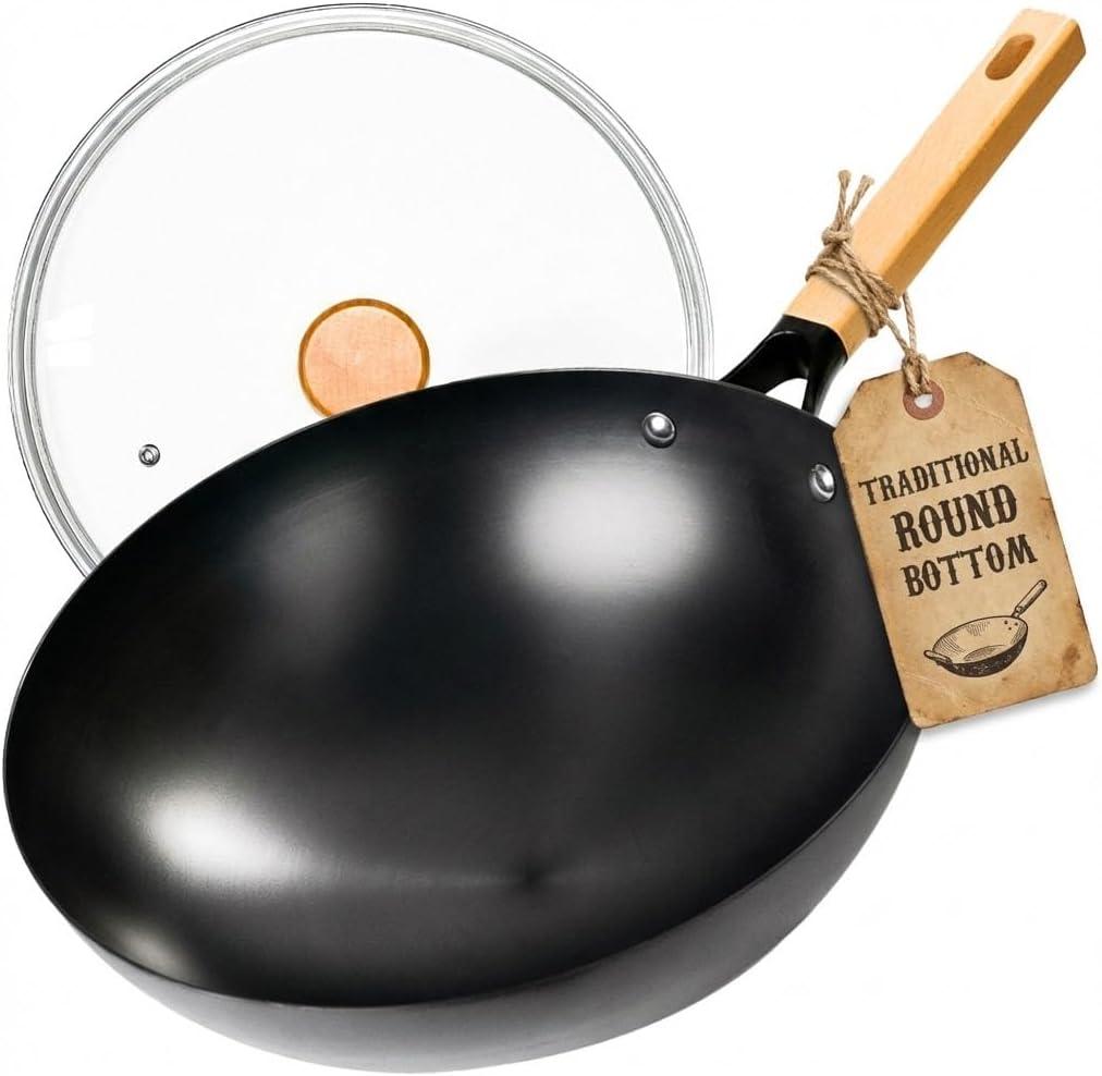 ANGORA BRANDS 12.5" Round Bottom Carbon Steel Wok with Lid - Authentic Stir Fry Pan for Gas Ranges - Professional Grade Chinese Wok for High Heat Cooking - Wood Handle - Nonstick Coating