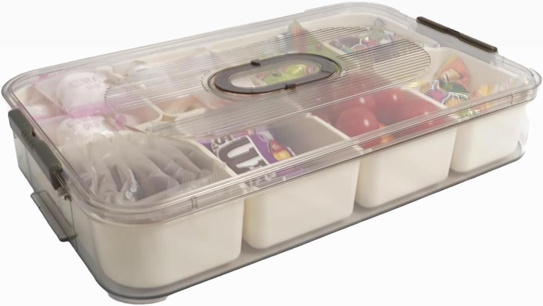 Divided Serving Tray With Lid, Veggie tray with lid for fridge, 8 Compartment Snackle Box Container, Snack tray,Food Storage Organizers for Vegetables, Fruit, Nuts, Candy, Spices