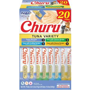 INABA Churu Cat Treats, Lickable, Squeezable Creamy Pure Cat Treat with Green Tea Extract & Taurine, 0.5 Ounces Each Tube, 20 Tubes, Tuna Variety Box