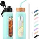 Kodrine Water Bottle with Straw, 24 oz Glass water Bottle with 2 Lids Bamboo Straw Lid and Spout Lid with Handle, Clear Water Bottle Glass for Sports Travel, Waterbottle with Time Marker (Light Blue)