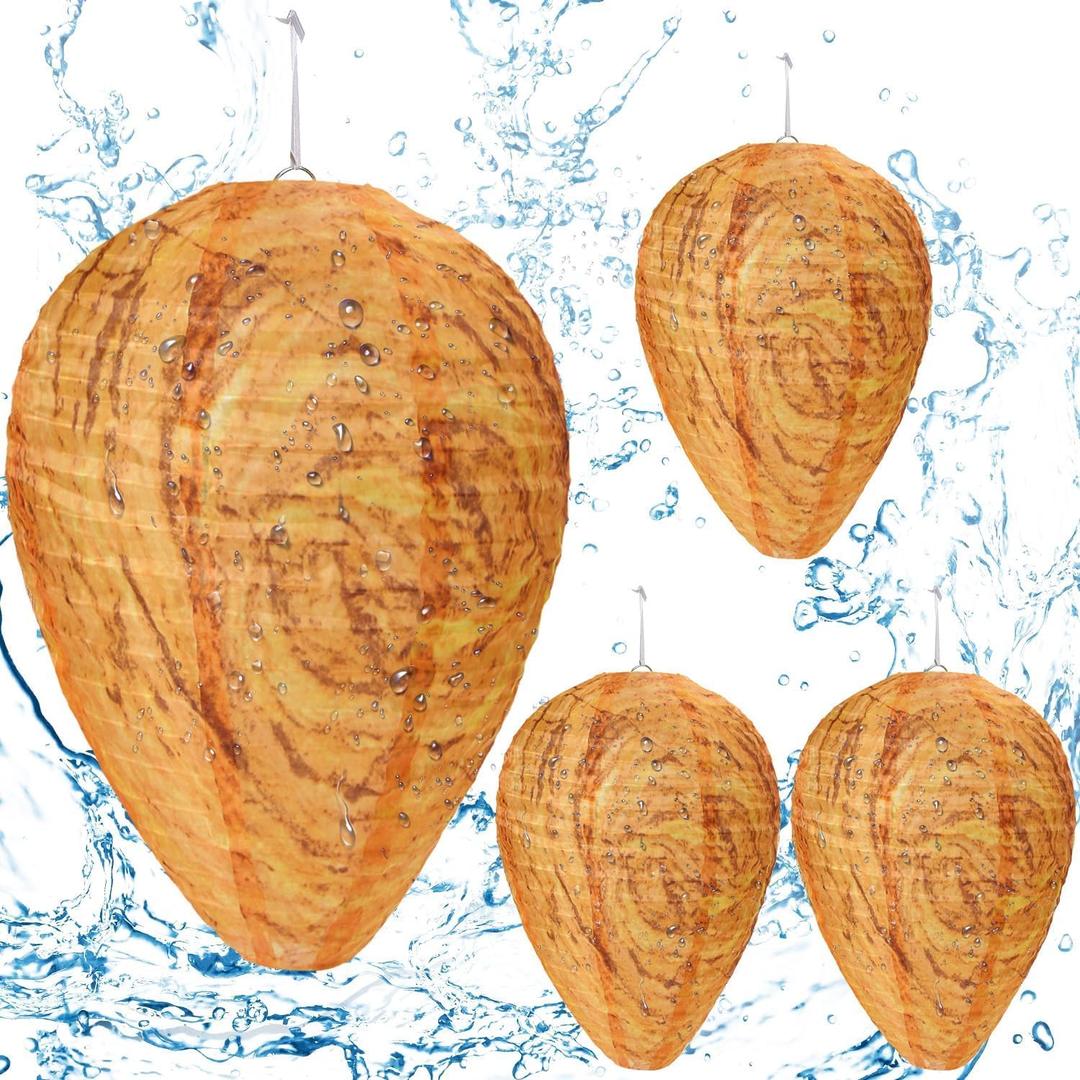 DECYOOL 4 Pack Wasp Nest Decoy Hanging Wasp for Wasps Hornets Yellow Jackets Outdoor Waterproof Material (Orange)