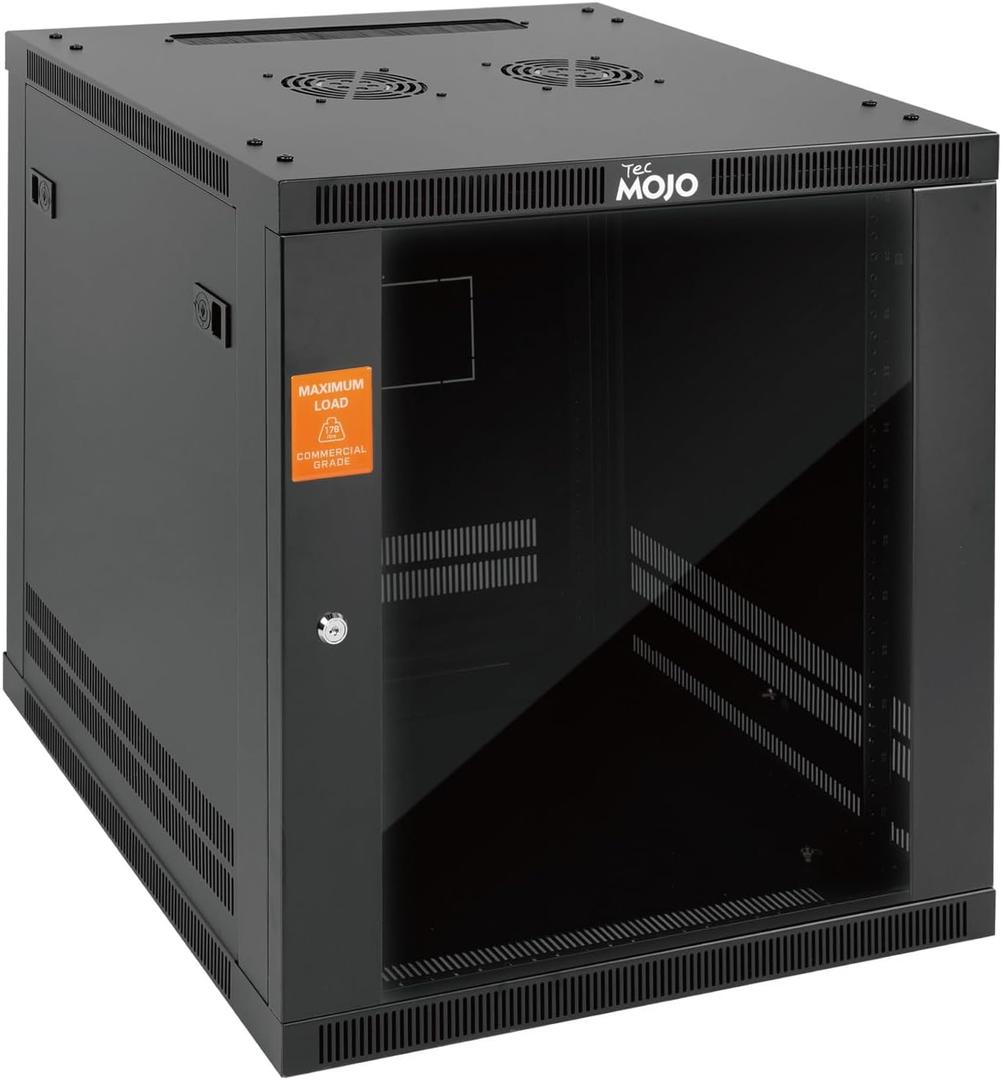 Tecmojo 12U Wall Mount Rack Cabinet, Heavy-Duty 176 Lbs High Load Capacity, 19 Enclosed Server Network Rack with 2 Colling Fans, Glass Door, 23.6 Deep Elite Collection, 12U/23.6in Depth/Glass Door