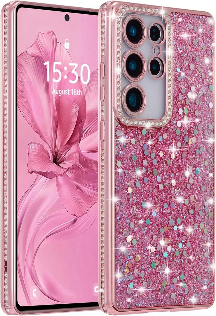 FABSPARK Case for Samsung Galaxy S25 Ultra,Glitter Crystal Diamond Rhinestone Sequin Shiny Bling Sparkly Glossy Luxury Electroplated,Aesthetic Cute Full Protection for Samsung Galaxy S25 Ultra,Pink