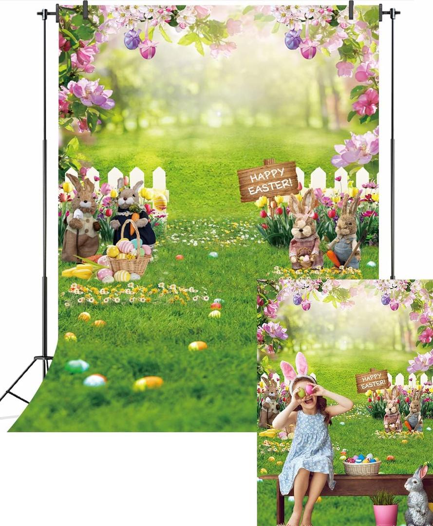 Easter Backdrop for Photography 6x8FT Easter Spring Garden Floral Bunny Colorful Eggs Fence Green Grass Bokeh Background Kids Newborn Baby Portrait Photo Props (6x8FT(width 180cm x Height 240cm))