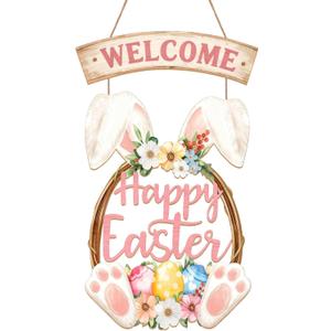 Easter Decorations for Front Door, Wooden Hanging Openwork Bunny Egg Wreath, Happy Easter Welcome Sign for Home Wall Spring Party Housewarming Gift(Easter Bunny)