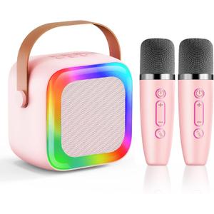 Mini Karaoke Machine for Kids Teen Adults, Kids Karaoke Machine with 2 Wireless Microphones and LED Lights Toys for Party, Home, Gifts for 4 5 6 7 8 9 10 11 12+ Years Girls Boys(Pink)