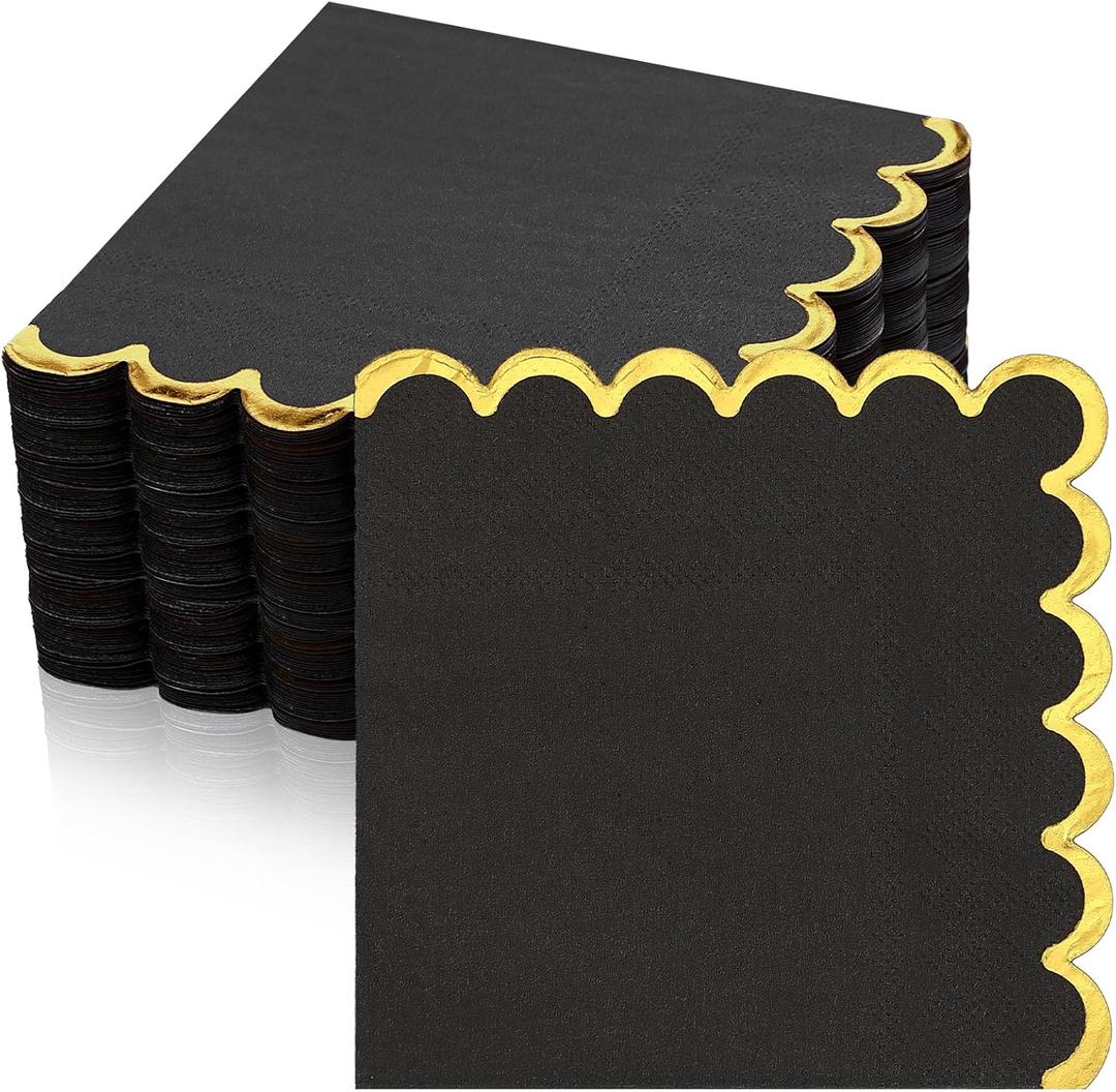 Janlaugh 50 Pcs Scalloped Cocktail Napkins with Gold Foil Edge Thick Paper Disposable Napkins Pastel Party Beverage for Wedding Dinner Birthday Party(Black,5 x 5 Inch)