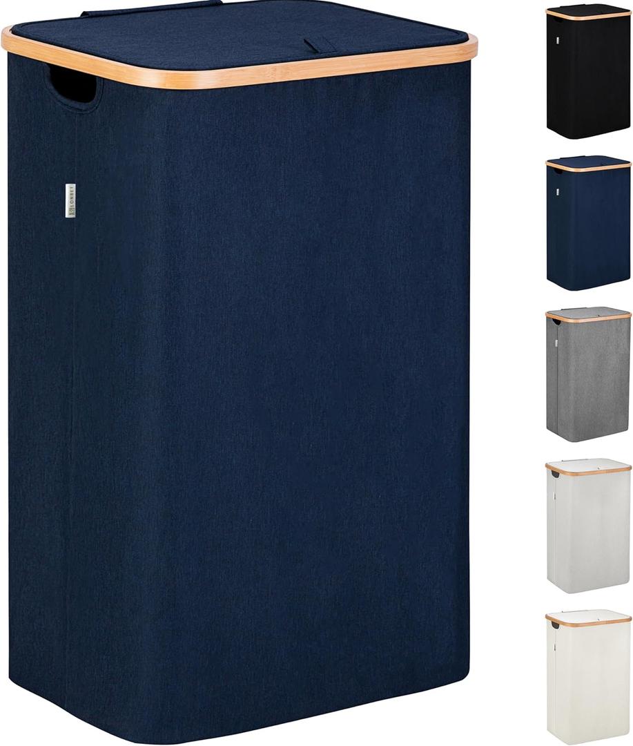 LONBET Laundry Basket with Lid, Made from Breathable Fabric | Aesthetic Clothes Hampers for Laundry with Side Handles & Sturdy Bamboo Frame (26 Gallons - Single, Blue)