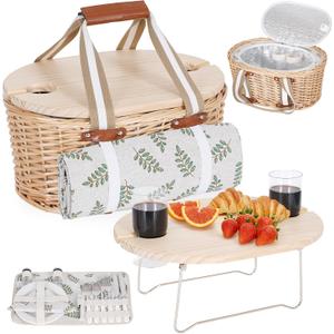 Picnic Basket Set for 2 - Wicker Insulated Picnic Basket with Waterproof Blanket, Folding Wine Picnic Table & Cutlery Kits, Picnic Baskets Kit for Camping, Outdoor, Valentine (Leaf)