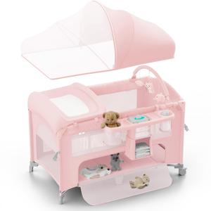 Obee Odee 4 in 1 Baby Bassinet, Pack and Play, Bedside Crib Sleeper, Diaper Changer - Comes with Mattress, Mosquito Net, Bottom Storage and Toy Bar for Newborn to Toddles