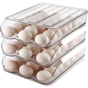 MesRosa Egg Holder for Fridge,Automatically Rolling Egg Storage Container for Refrigerator,Egg Organizer for Fridge with Lid,Clear Plastic Dispenser, Tray & Box -3 Layer