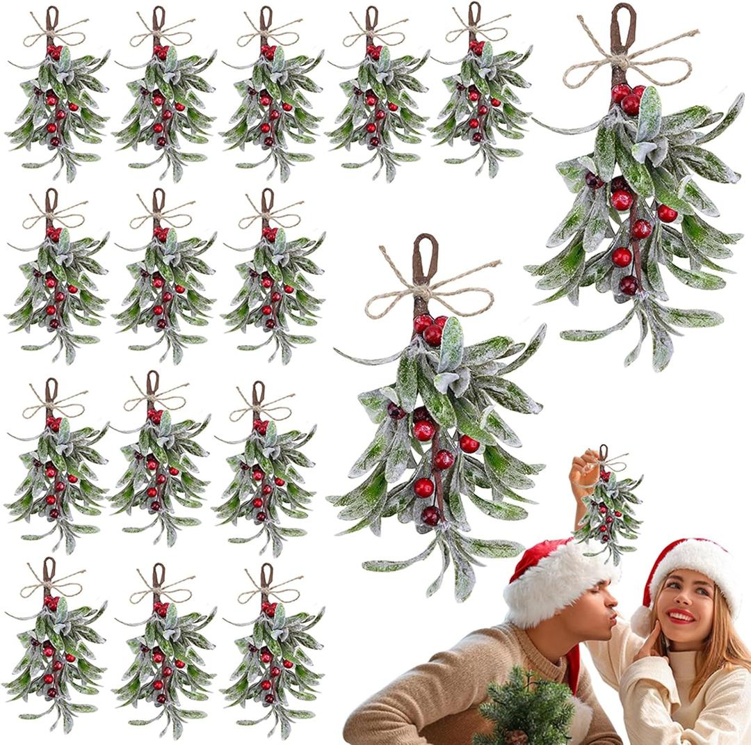 EUBUY 16 Pieces Christmas Mistletoe Decor Artificial Mistletoe Picks Hanging Kitchen Cabinet Christmas Decorations for Xmas Tree Home Door Wall Holiday Party