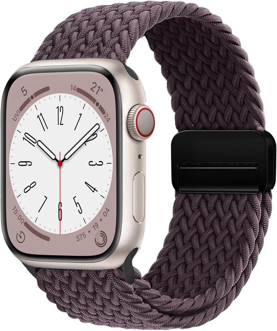 Magnetic Braided Loop Band Compatible with Apple Watch Series 11 10 42mm 9 8 7 6 5 4 40mm 41mm for Women Men, Stretchy Nylon Elastic Sport Strap for iWatch SE 1/2/3, Dark Cherry