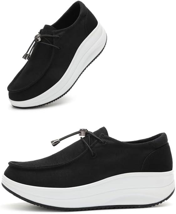 Oude Womens Orthopedic Platform Loafers  2 Inch Rocker Sole Boat Shoes with Arch Support, Comfortable Slip-Ons for Walking, Work, Nurses, Standing All Day (6, Black/White)