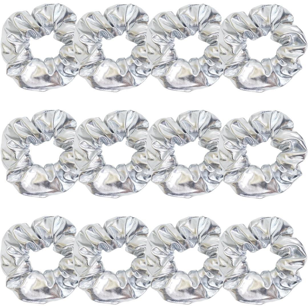 12 Pcs PU Leather Cheer Hair Scrunchies Gold Scrunchy School Performance Ponytail Holder Hair Accessories for Cheerleading Teen Girls College Sports (Silver) (Silver)