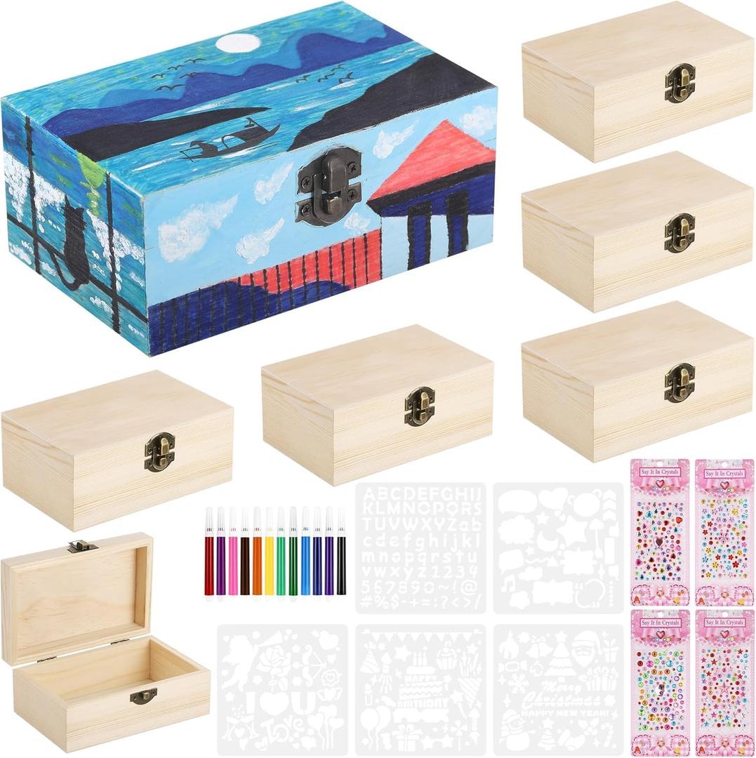 6Pcs Small Wooden Boxes for Crafts, Unfinished Wood Box with Lids, Mini Treasure Chest Small Craft Box, Jewelry DIY Mini Craft Boxes to Paint for Kids Adults Classroom Party Handmade (6X 3.8 x 2.5in) (Medium)