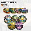 ANATTASOUL Coasters Set of 9 Landscapes Pattern Colorful Wooden Coasters Bulk Round Housewarming Gift for New Home, 3.9" Decorative Coffee Table Protection for Farmhouse Bar House Decor