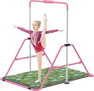 Jivifao Gymnastics Bar with Self-Inflating Mat for Kids, Adjustable Height Gymnastic Horizontal Bars with Mat, Folding Gymnastic Training Monkey Bars, Junior Expandable Training Kip Bar for Home
