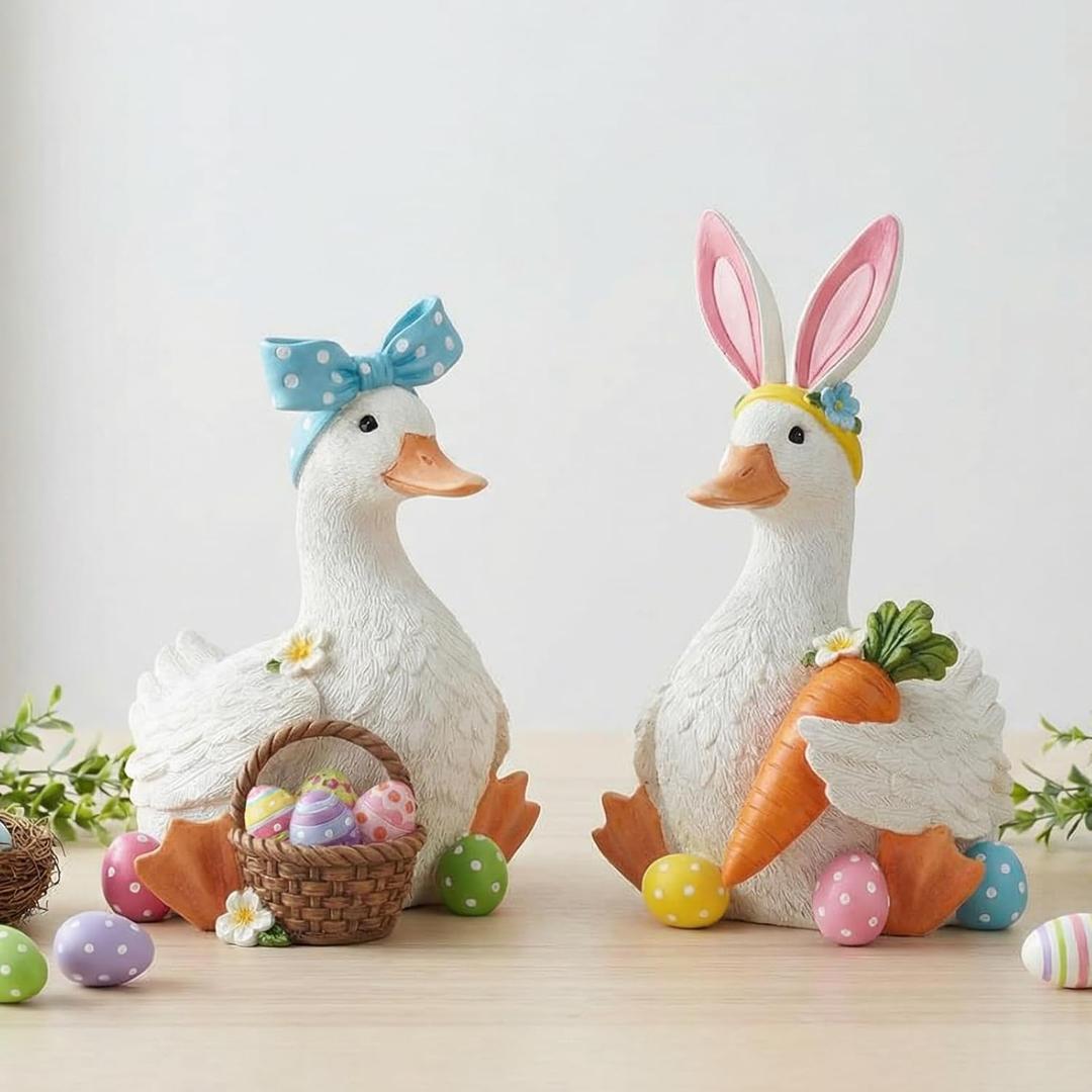 AceOrbit 2 Pcs Silly Goose Figurines Spring Desk Goose Decor Mother's Day Gooses Figurines Gifts Farmhouse Resin Tabletop Ornament for Birthday Baby Shower Garden Tiered Tray Table Decor(Easter Style)