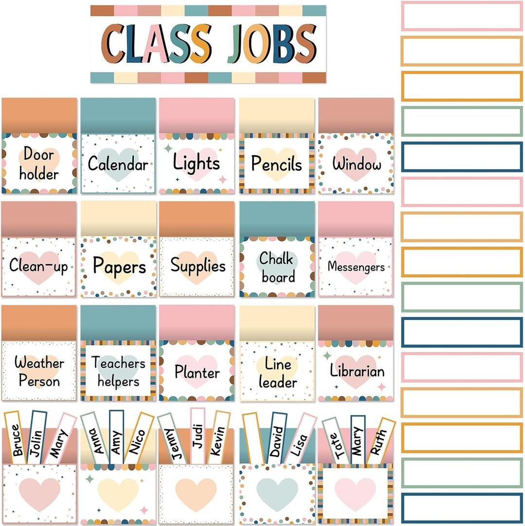81 Piece Boho Class Jobs Bulletin Board Boho Welcome Classroom Jobs Pocket Chart Set Teacher's Helper Chalkboard Decor Classroom Bulletin Board Set Wall Decoration for Back to School