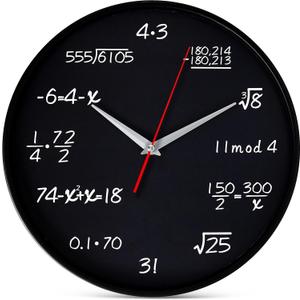 Bernhard Products Math Wall Clock Black 12 Inch Silent Non-Ticking Unique Gift for Teacher/Student/Engineer Graduate Quartz Round Battery Operated, Home Office School Classroom, Mathematical Equations