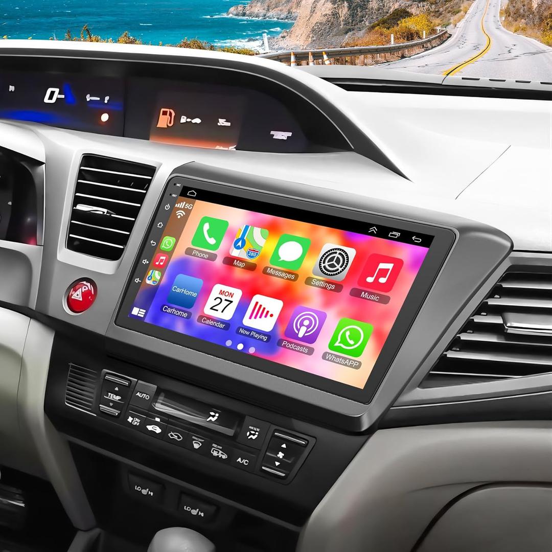 4G+64G Car Radio for Honda Civic 2012-2015 with Wireless Carplay & Android Auto,9 Inch IPS Touch Screen Car Stereo with GPS Navigation/Bluetooth 5.2/FM/Backup Camera/WiFi/SWC/HiFi