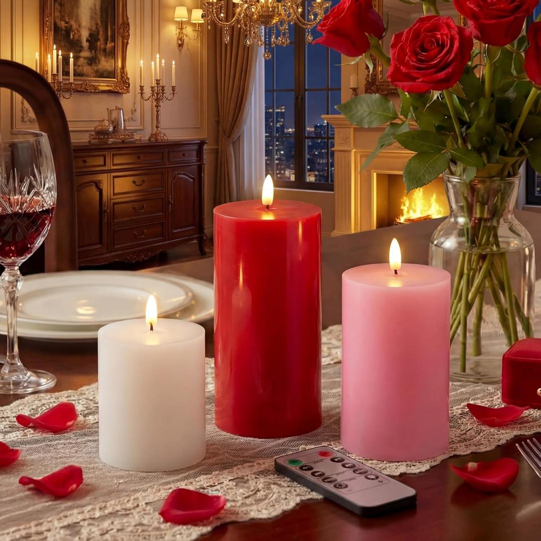 Grinsvalley 3 Pcs Mother's Day Flameless Candles Battery Operated Wax LED Flickering Flameless Pillar Candles with Remote for Home Table Dating Wedding Party Decor