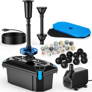 POPOSOAP RGB Pond Filter with Pump Fountain Kits, 660GPH Pond Filter Box With 40W Pond Pump & RGB Auto-Cycle LED Lights, Koi Pond Filters for Outdoor Ponds Clean, Clear, and Add Water Features