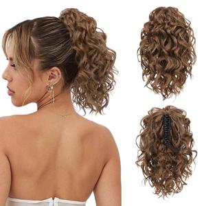 Flufymooz Ponytail Extension, 12" Short Claw Ponytail Extension Wavy Curly Jaw Clip in Pony tails Hair Extension Natural Synthetic Hairpiece for Women(Dirty Blonde)