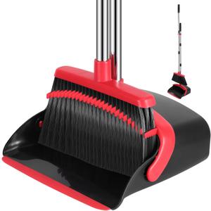 NACENA Broom and Dustpan Set, 52-in Long Adjustable Handle Broom Dustpan Combo with Dustpan Teeth to Automatically Clean Hair Suitable for Home Kitchen Office Hall FloorBlack&Red