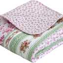 Floral Bloom Garden Vines Stripe Pink Blue Green Quilted Cotton Reversable Throw Blanket, 60"x 50"