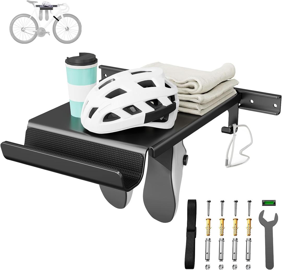 Bike Wall Mount Rack Indoor Bike Storage Garage Bike Rack Wall Mount with Shelf and Hooks Store Your Helmet and Shoes for a Single Road, Mountain or Other Bicycle (Universal Bicycle,16" Stud)