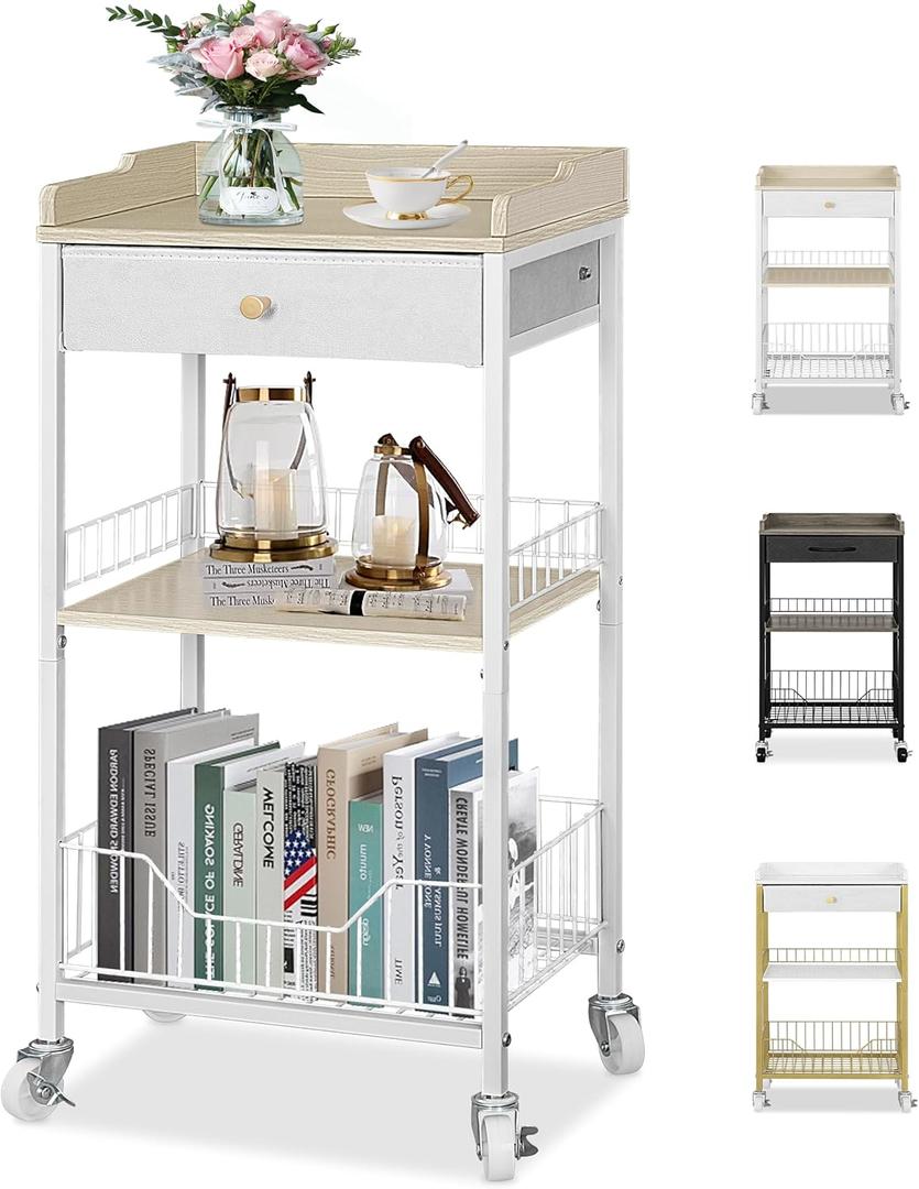 4-Tier Tall Nightstand with Storage Drawer, Small Side Table with Wheels & Basket, Rolling Bathroom Table for Small Spaces, Bedroom, Living Room, Dorm, White and Natural