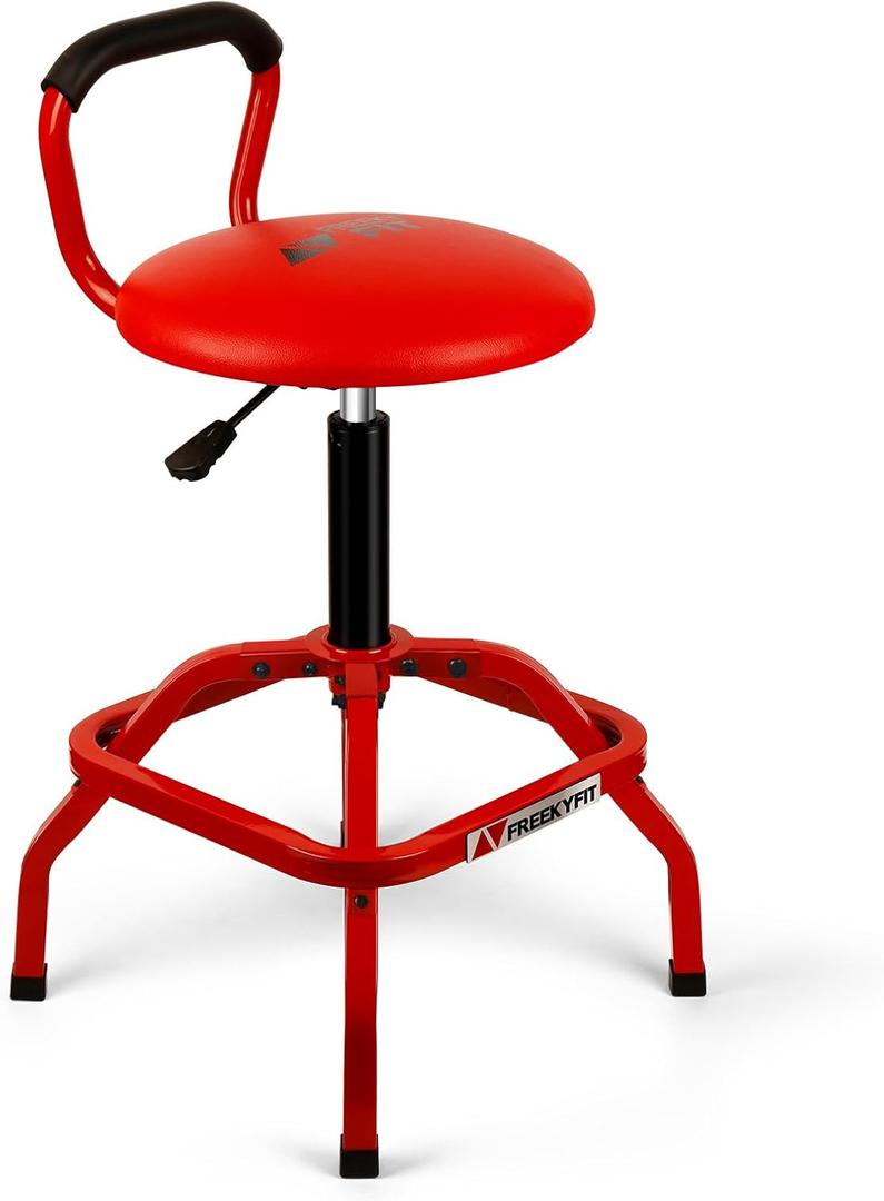 Garage Stool, Adjustable Height Swivel Work Mechanic Shop Stool with Backrest, Pneumatic Shop Chair for Home, Workshop, 300 LBS Capacity, 360 Rotation, Heavy Duty, Red