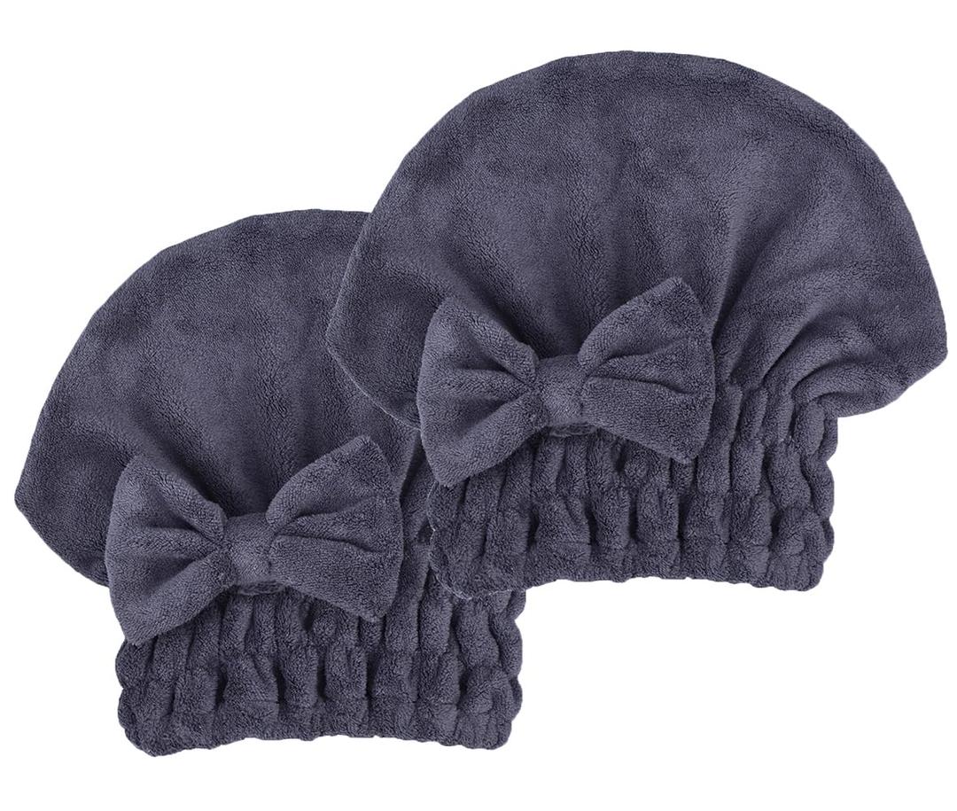Microfiber Hair Drying Towels Head wrap 2-Pack with Bow-Knot Shower Cap Hair Turban hairWrap Bath Cap for Curly Long & Wet Hair Gift for Women (Dark Grey X2)