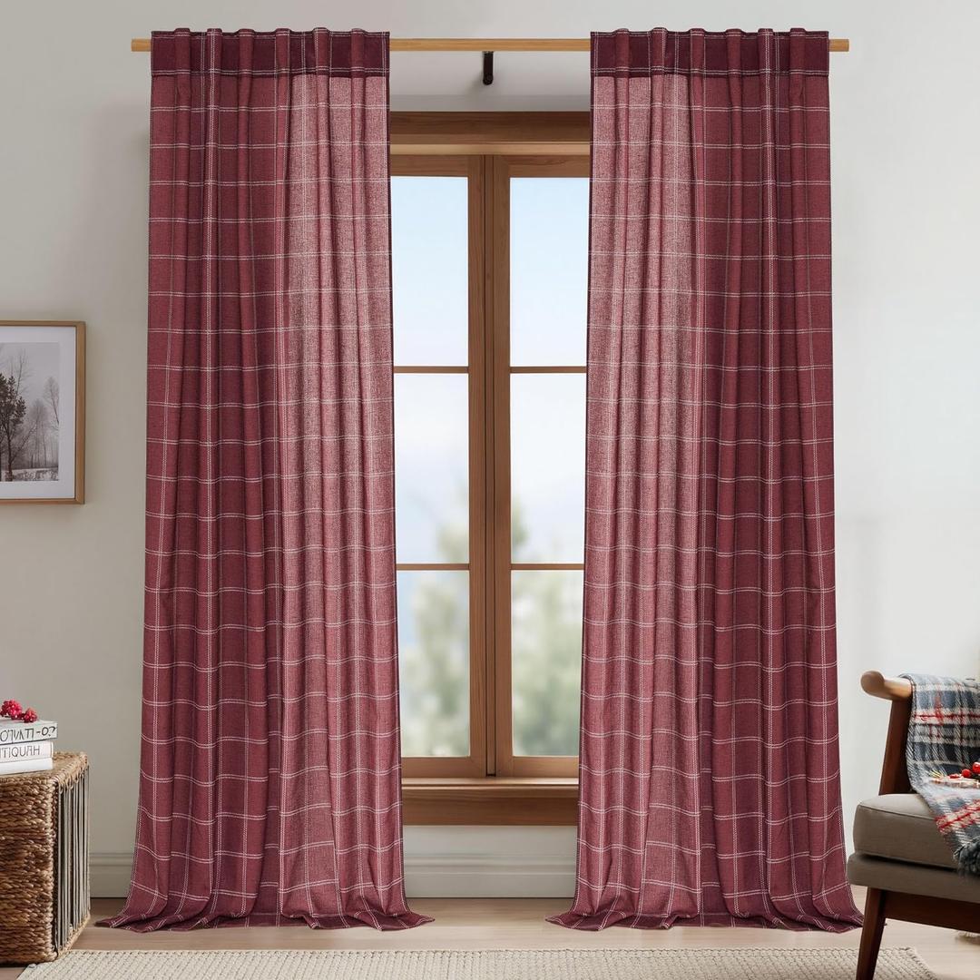 NICETOWN 84 Inches Long Buffalo Plaid Light Filtering Window Curtains,Farmhouse Rod Pocket Back Tab Drapes for Bedroom Livin Room, Privacy Window Treatment Set, 52" W x 84" L, Christmas Red